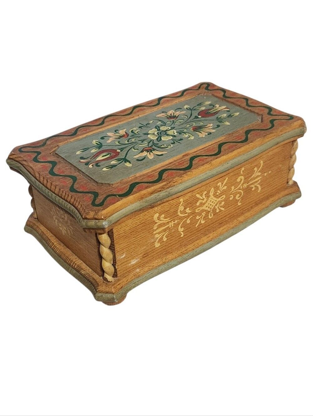 Vintage Reuge ? Footed Wooden Hand Painted Trinket Music Box w/ Swiss Movement